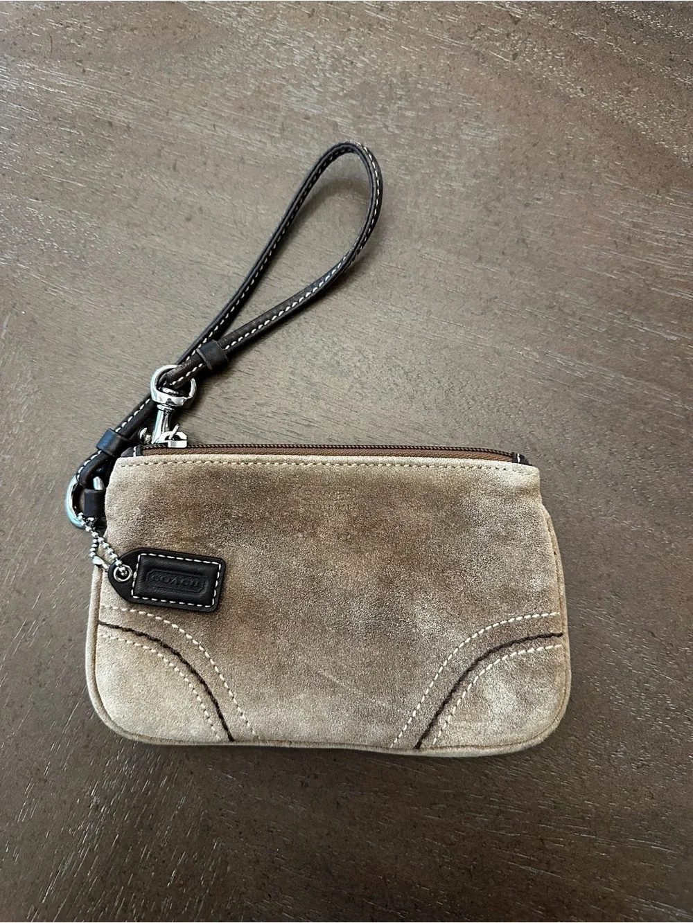 Coach Suede Wristlet in Light Taupe with Dark Brown Strap